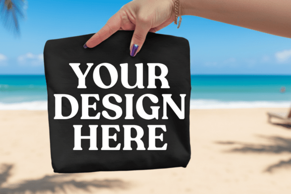 Hand Holding Black T-Shirt Mockup Beach Graphics